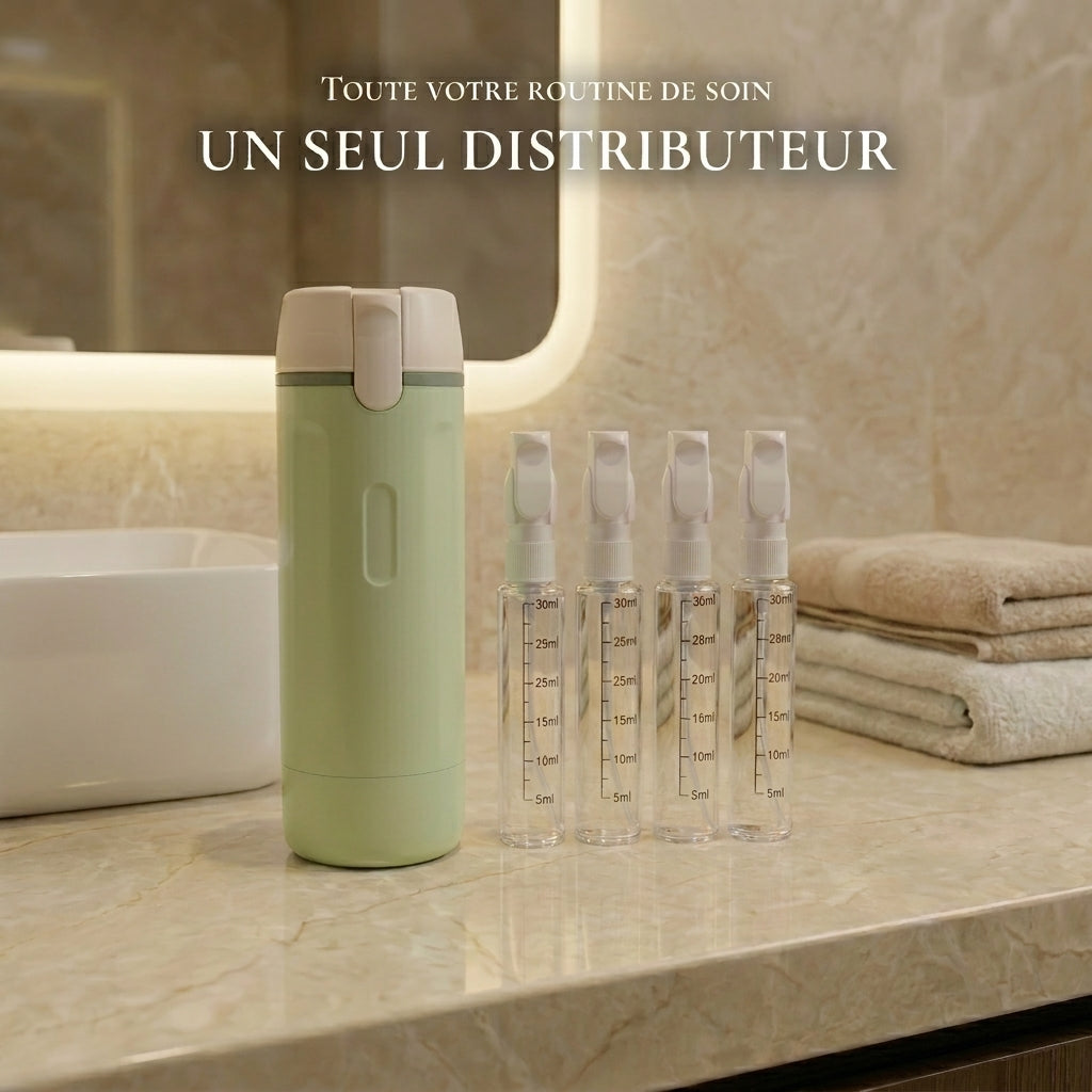 Emportez toute votre routine dans un seul flacon - Distributeur de voyage 4 en 1