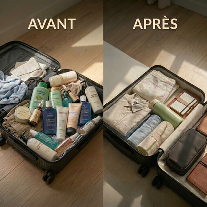 Emportez toute votre routine dans un seul flacon - Distributeur de voyage 4 en 1